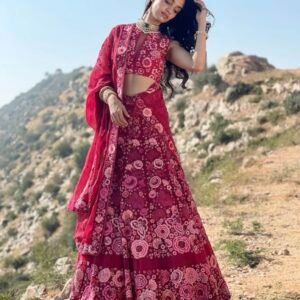 Red Georgette Premium Designer Embroidery Wedding Wear Lehenga